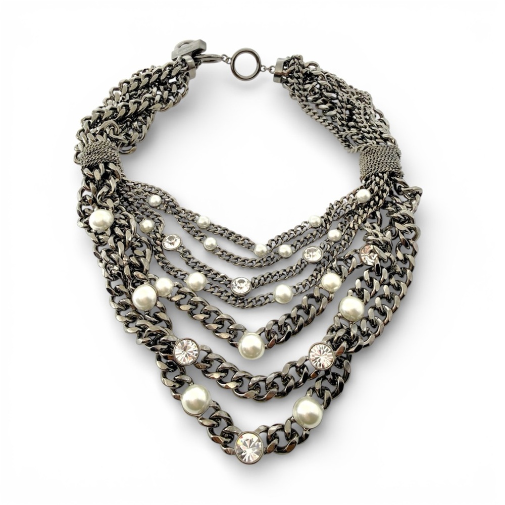 Givenchy Multi-Layer Gunmetal Chain & Faux Pearl Statement Necklace